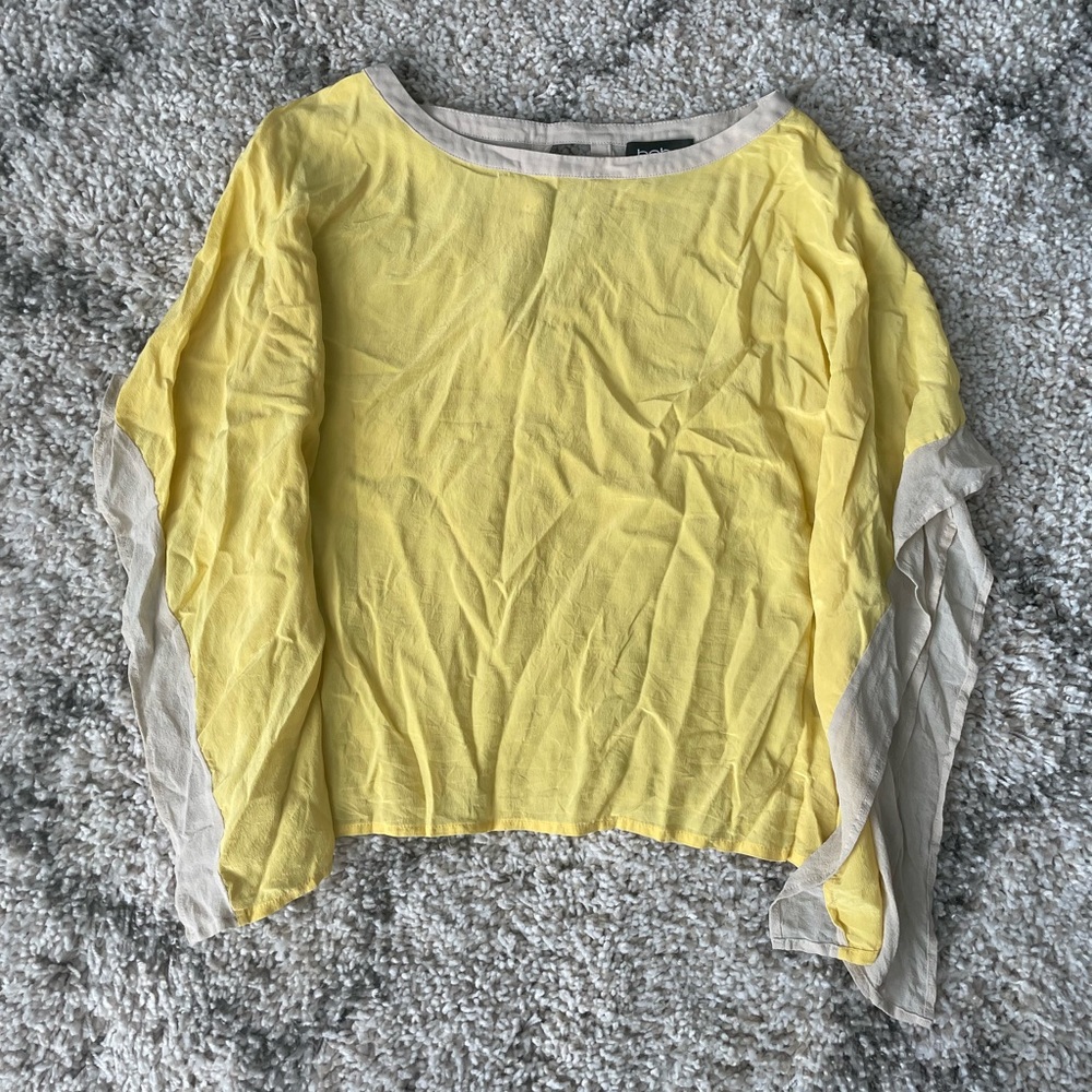 BEBE Woman's Yellow Tan Colorblock Batwing Sheer Tunic Top Size XS